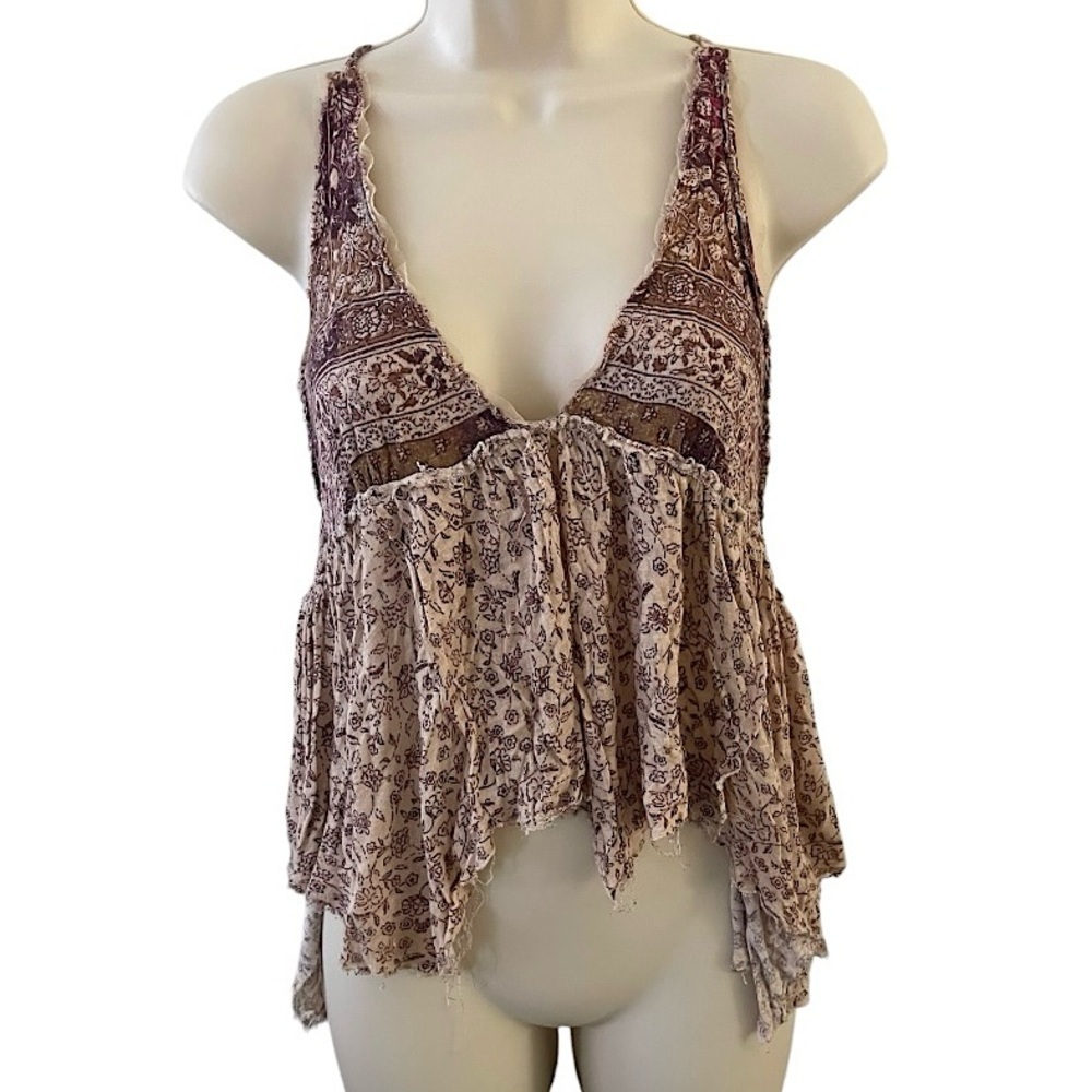 Ecote Urban Outfitters women’s bohemian plunge distressed floral paisley tank L